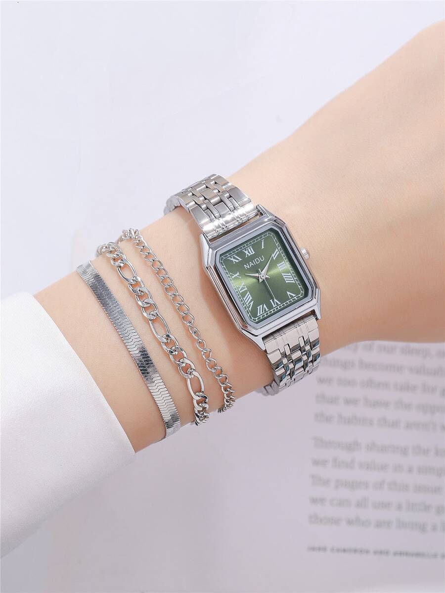 2pcs/set Fashionable Rectangle Roman Numeral Quartz Wristwatch With Stainless Steel Band For Women