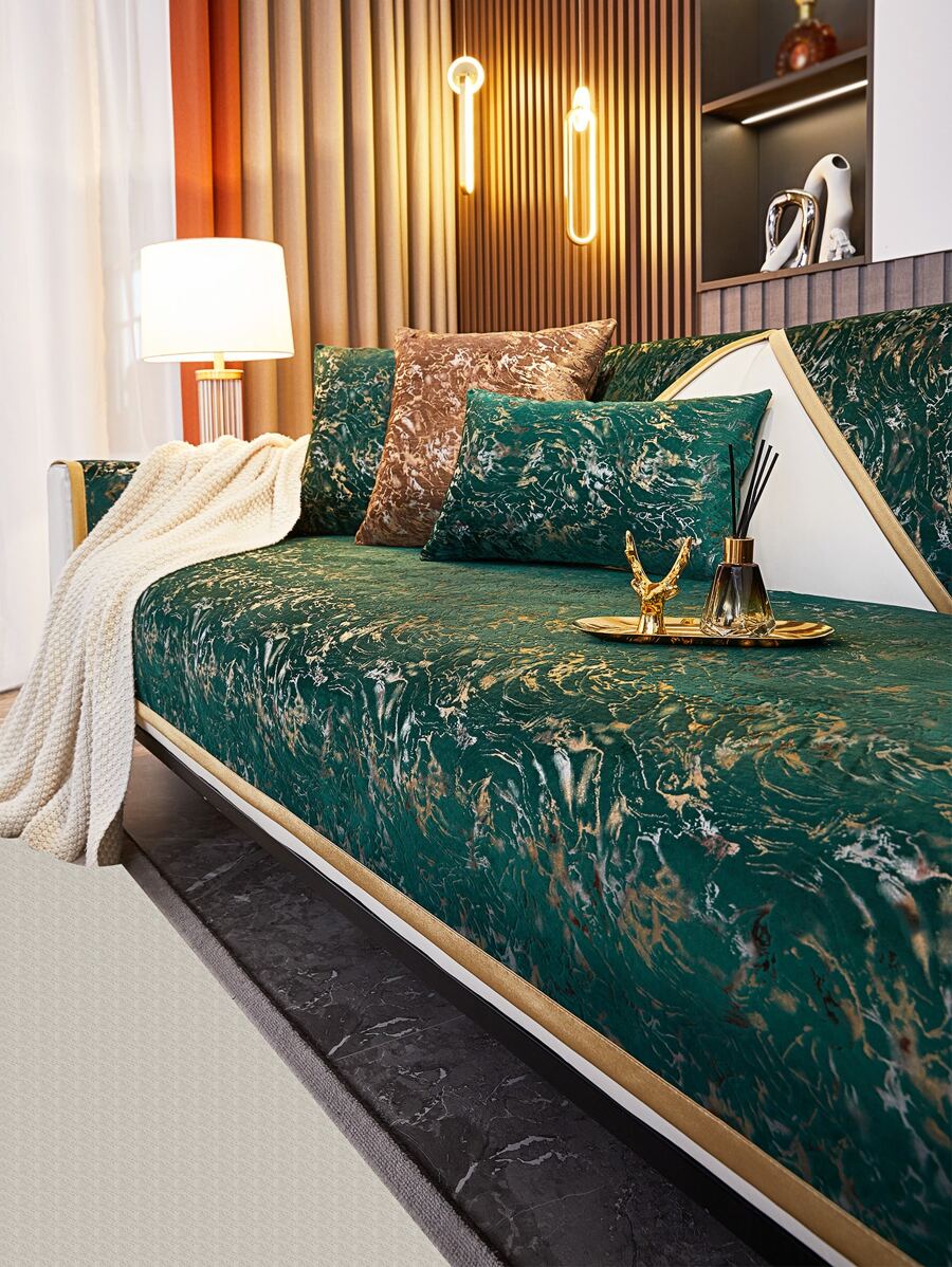 1入組豪華提花雪尼爾沙發套帶金色邊框，沙發座椅/靠背/扶手墊套，四季通用 - 綠色 - 查看 1