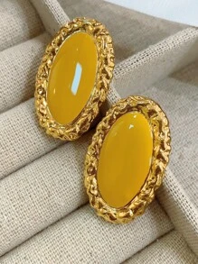 Uncommon Design Geometric Ellipse Shape Turmeric Dripping Glaze Earrings With 925 Silver Twisted Thread Accents - Yellow - View 1