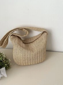 大容量女士時尚編織斜挎包適用於休閒和度假,單肩包 - 卡其色 - 查看 1