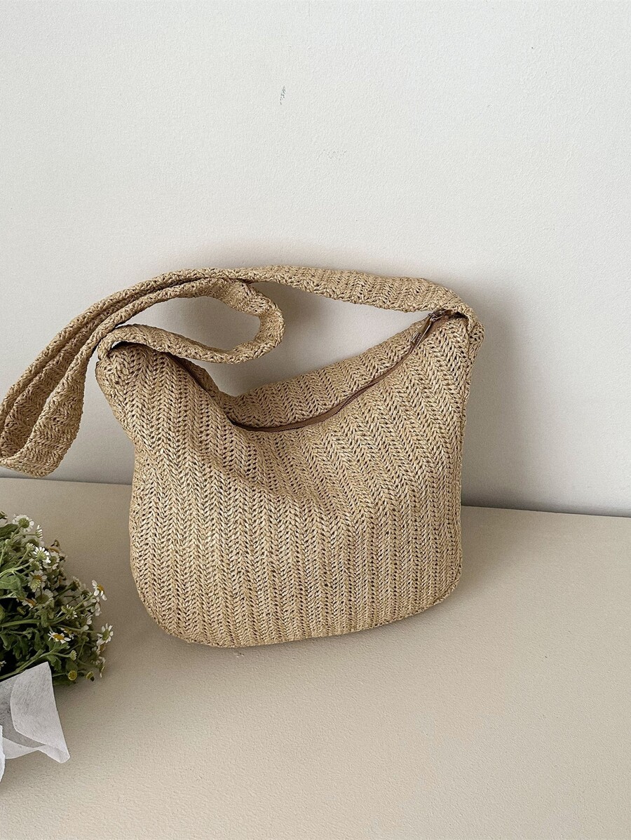大容量女士時尚編織斜挎包適用於休閒和度假,單肩包 - 卡其色 - 查看 1