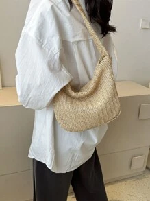 大容量女士時尚編織斜挎包適用於休閒和度假,單肩包 - 卡其色 - 查看 3