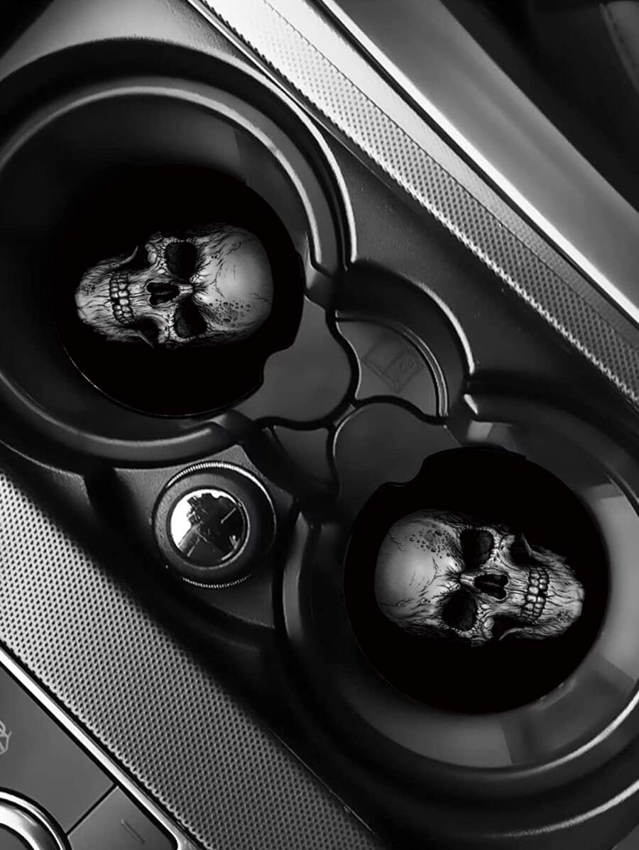 2 piezas Posavasos de coche con patrón de cráneo caucho - Blanco y Negro - Ver 1