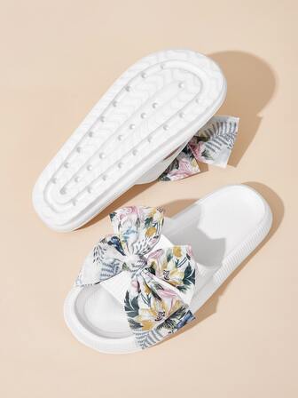 夏季女式雨林印花蝴蝶結裝飾Eva室內拖鞋，加厚鞋底雲朵涼鞋，適合度假、海灘、派對、婚禮