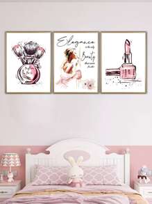 套裝3女孩帶彩妝女士油畫帆布掛畫適用於客廳臥室床側裝飾,無框 - 彩色 - 查看 2