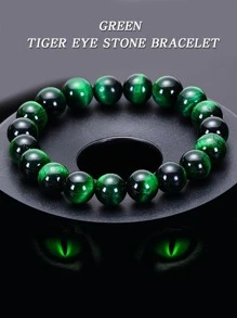 1pc Green Tiger's Eye Beaded Bracelet, Natural Stone Round Beads Bracelet, Fashionable Casual Jewelry Gift