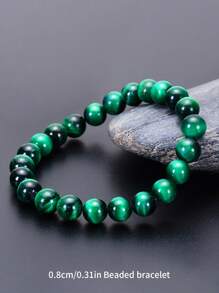 1pc Green Tiger's Eye Beaded Bracelet, Natural Stone Round Beads Bracelet, Fashionable Casual Jewelry Gift