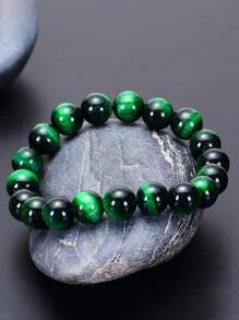 1pc Green Tiger's Eye Beaded Bracelet, Natural Stone Round Beads Bracelet, Fashionable Casual Jewelry Gift