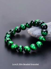 1pc Green Tiger's Eye Beaded Bracelet, Natural Stone Round Beads Bracelet, Fashionable Casual Jewelry Gift