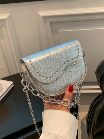 時尚休閒復古鉚釘金屬質感水潤光澤手提包帶鏈子肩帶