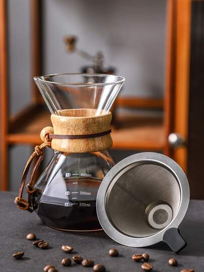 一套手冲玻璃咖啡壶，包含可重复使用的不锈钢滤网、硼硅酸盐玻璃壶身、木质壶颈和咖啡滤杯，容量可选：400毫升/13.5盎司、600毫升/20盎司、800毫升/27盎司