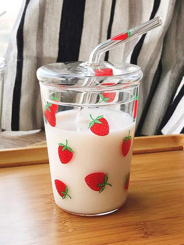 1pc Cute Transparent Glass Cup With Strawberry Shaped Straw, Lid And Large Capacity For Milk, Coffee