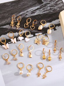 24入組/套女士心形、蝴蝶、花朵、蛇形鎖扣設計耳環，非常適合約會和度假禮物 - 金黃色 - 查看 3