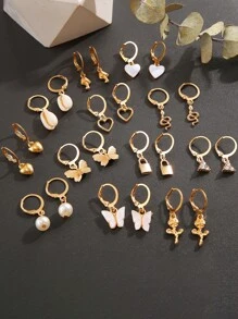 24入組/套女士心形、蝴蝶、花朵、蛇形鎖扣設計耳環，非常適合約會和度假禮物 - 金黃色 - 查看 2