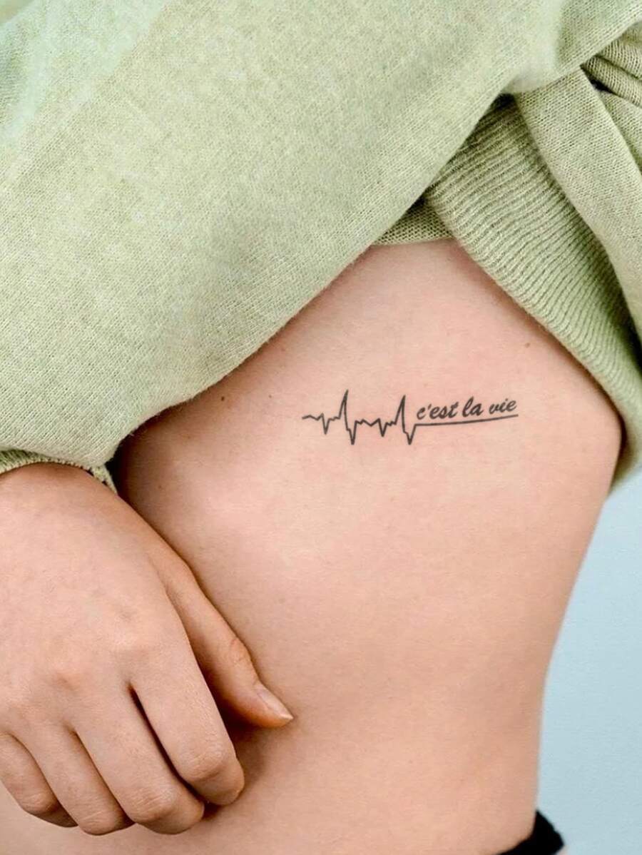 1入組黑線字心跳圖案防水臨時紋身貼紙,適用於手腕身體藝術 - 黑色 - 查看 1