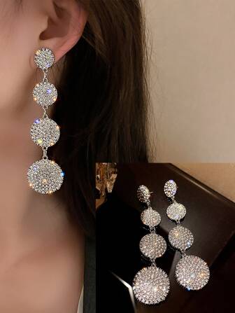 topshiny Geometric Circle Design Long Earrings With Rhinestone Decoration, European And American Style, Exaggerated And Minimalist Dangle Earrings With Fashionable Design For Women