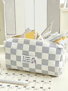 1pc Checkered Pattern Pencil Bag - Grey - View 1