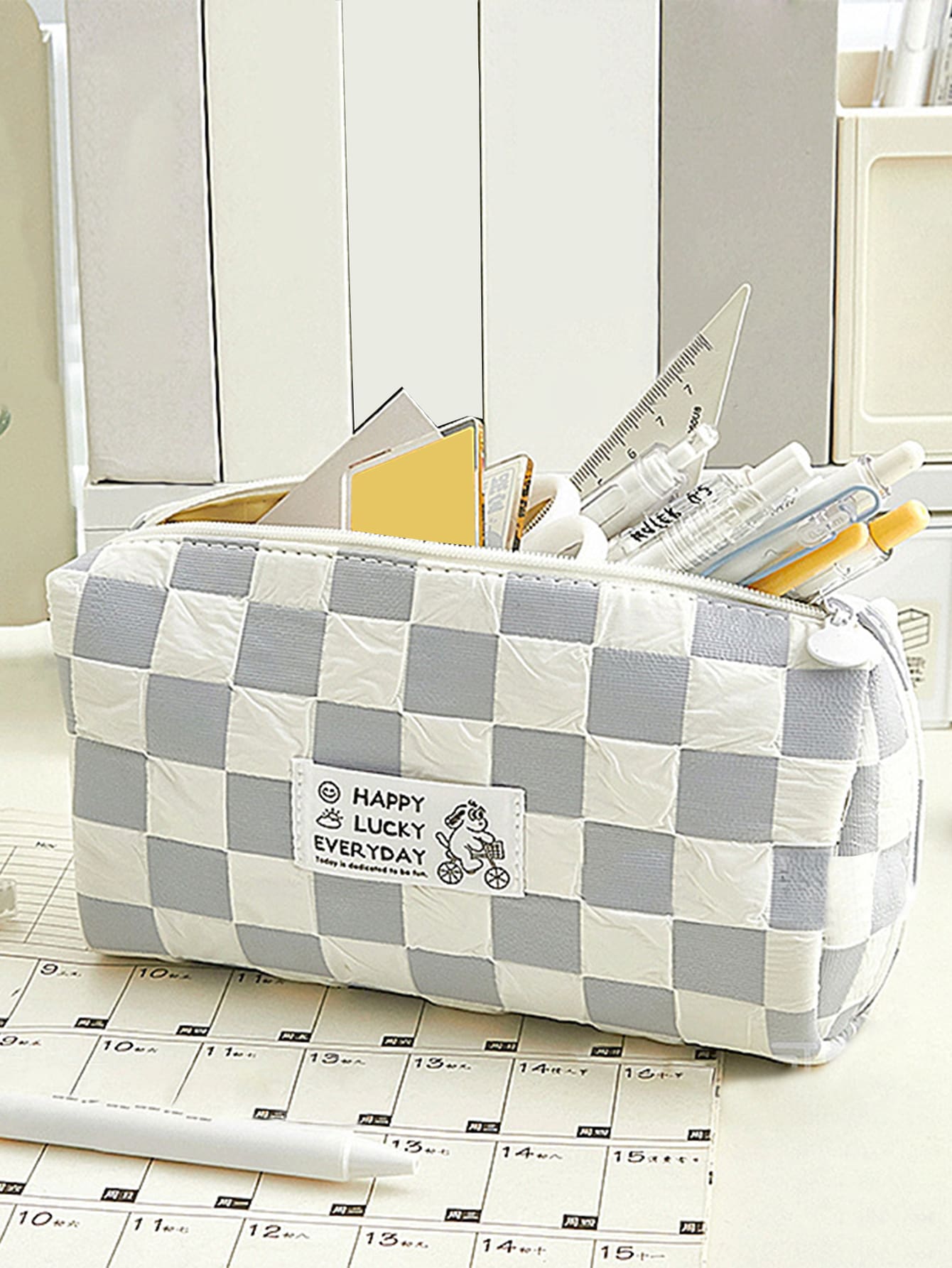 1pc Checkered Pattern Pencil Bag - Grey - View 1