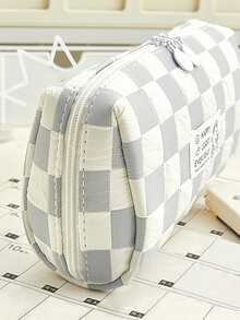 1pc Checkered Pattern Pencil Bag - Grey - View 5