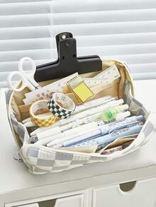 1pc Checkered Pattern Pencil Bag - Grey - View 2