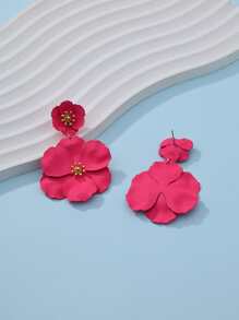 1pair Asymmetrical Multilayer Metal Flower Shaped Earrings With Pendants, Colorful, Dating Gift Valentines - Red - View 4