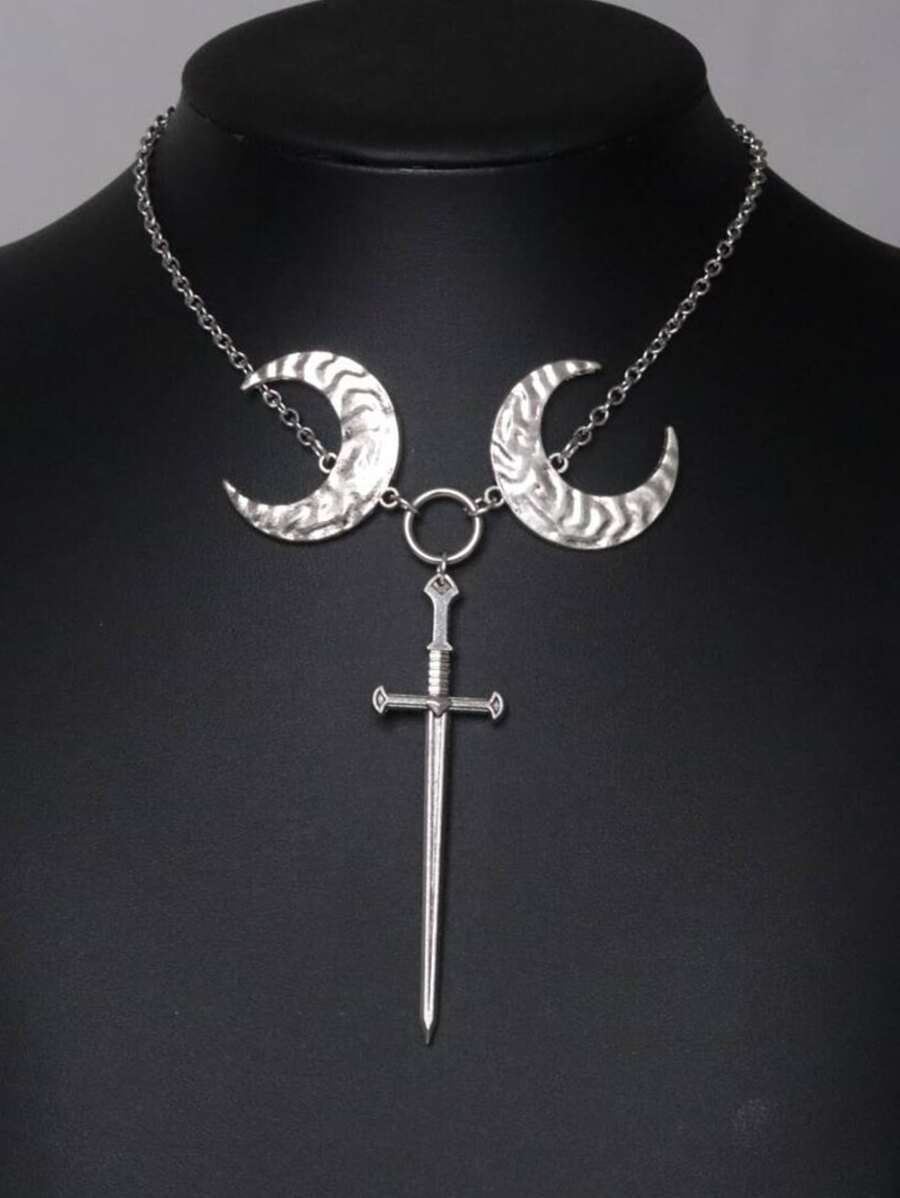 1 pieza Collar con colgante gótico espada & luna creciente - Plateado - Ver 1