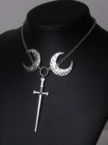 1 pieza Collar con colgante gótico espada & luna creciente - Plateado - Ver 2