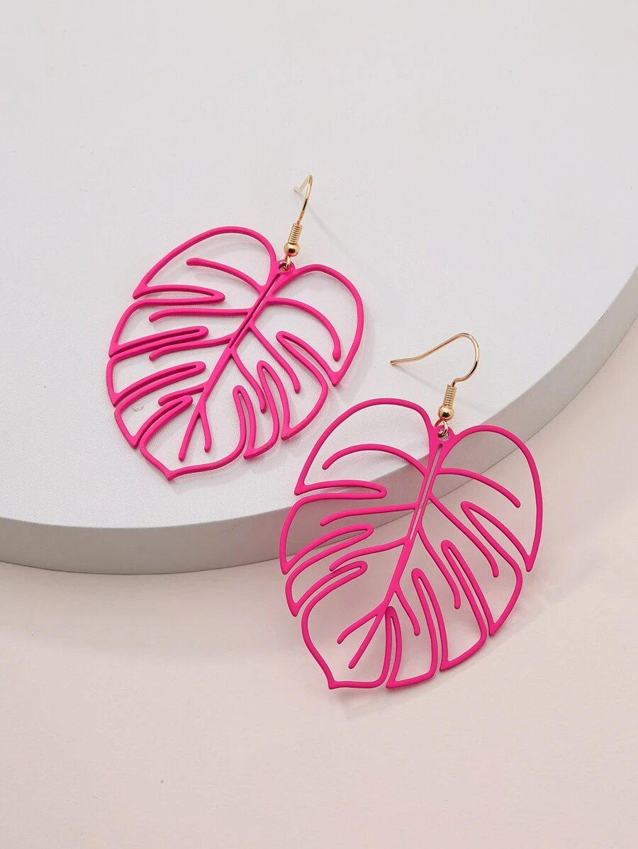 1對歐美風格夏天新品到貨粉色鏤空樹葉形狀耳墜,女士海灘節日禮物 - 玫紅色 - 查看 1