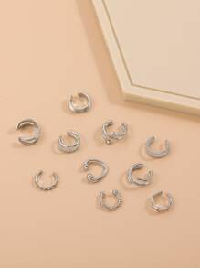 10 piezas Pendientes de clip en forma de C, pendientes de cartílago, conjunto de abrazaderas de oreja personalizadas y simples de moda - Plateado - Ver 5