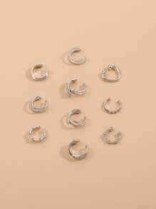 10 piezas Pendientes de clip en forma de C, pendientes de cartílago, conjunto de abrazaderas de oreja personalizadas y simples de moda - Plateado - Ver 3