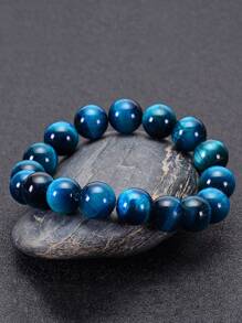1入組極簡藍色虎眼石頭串珠手環天然石頭圓珠手環日常裝飾