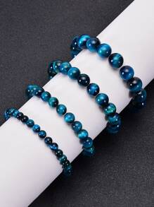 1入組極簡藍色虎眼石頭串珠手環天然石頭圓珠手環日常裝飾