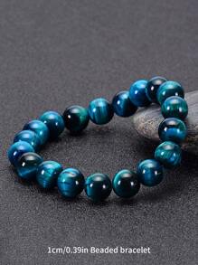 1入組極簡藍色虎眼石頭串珠手環天然石頭圓珠手環日常裝飾