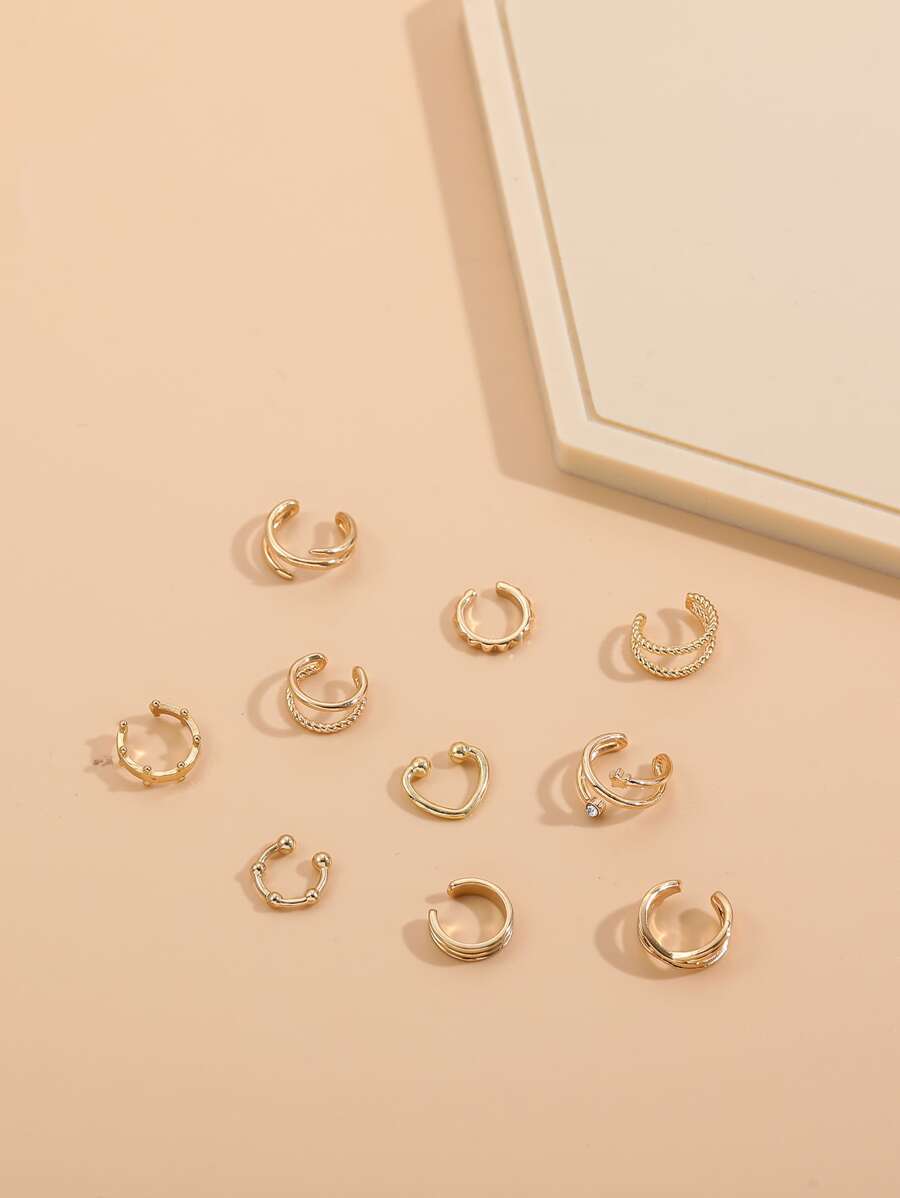 10pcs C-Shaped Clip-On Earrings, Cartilage Earrings, Fashion Simple Personalized Earring Set - Gold - View 1