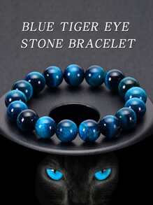 1入組極簡藍色虎眼石頭串珠手環天然石頭圓珠手環日常裝飾