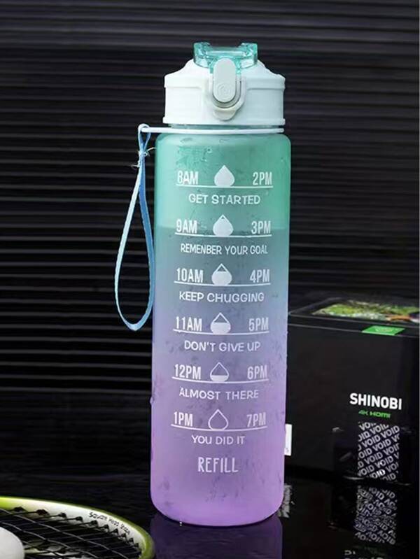 1pc 900ml large capacity green gradient PC water bottle, with sticker