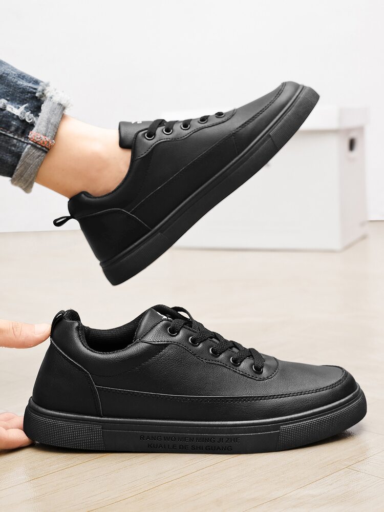 Sporty Sneakers For Men, Minimalist Lace Up Front Skate Shoes - Black - View 4