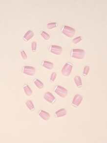 白色法式貼片美甲，24入組優雅短方形經典假甲附有粘劑，1pc美甲文件和1pc果凍膠貼片指甲用品 - 彩色 - 查看 2