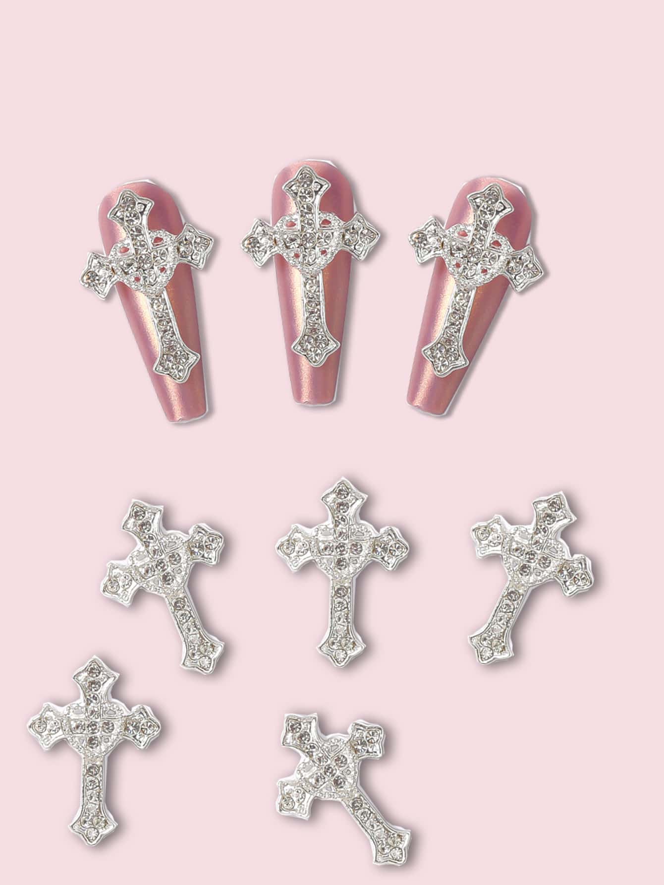 镶嵌水钻美甲饰品 5 件 3D 合金金属指甲水钻 DIY 美甲配件 美甲宝石 美甲用品 - 銀色 - 查看 1