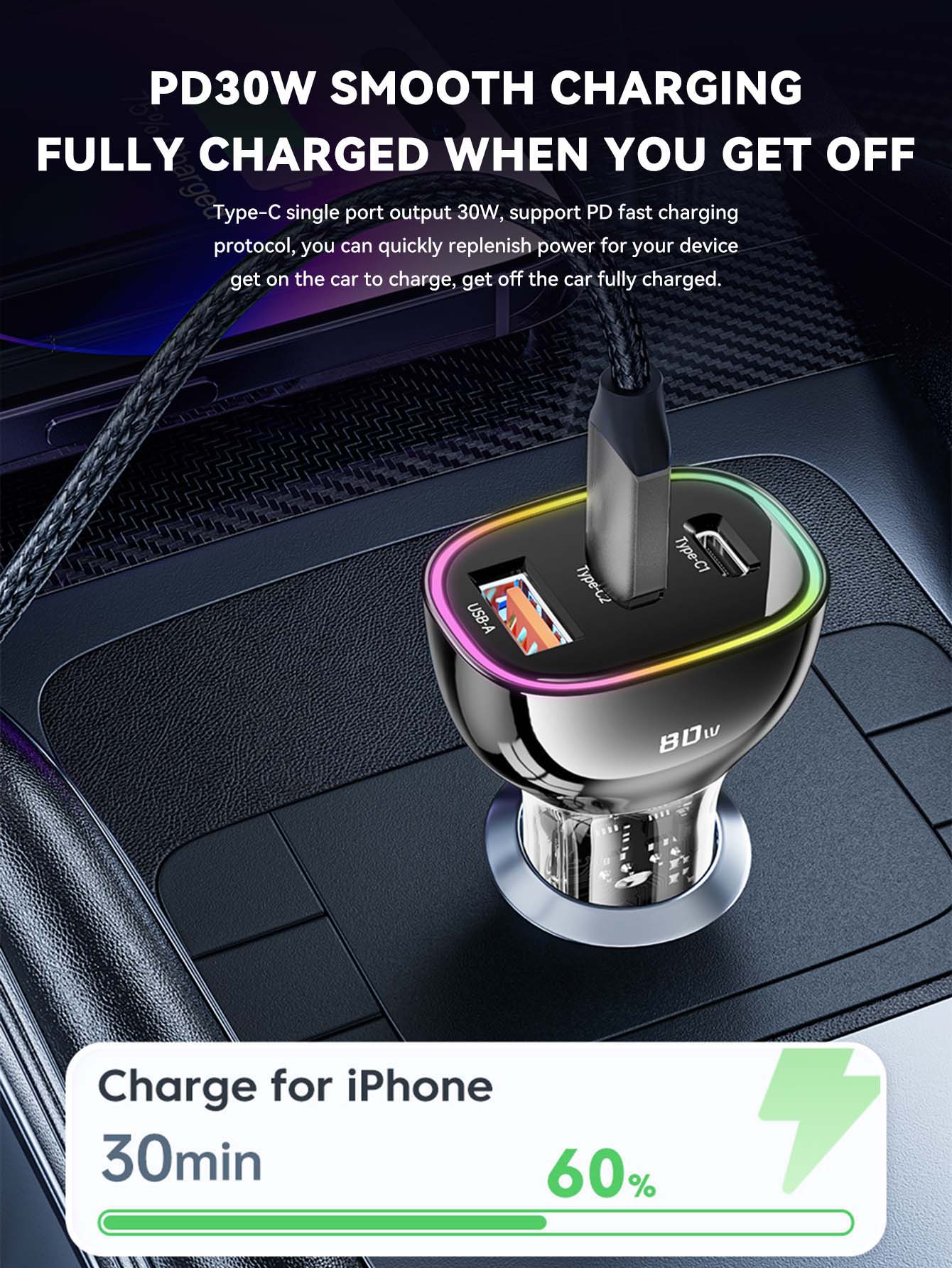 80W Car Charger USB Type C PD30 Fast Charge PPS QC30 Car Phone Fast ...