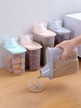 1入組小/大尺寸塑料密封食品儲存容器,並附量杯,廚房收納盒,防潮耐用,適合儲存糖果和冰箱,隨機顏色