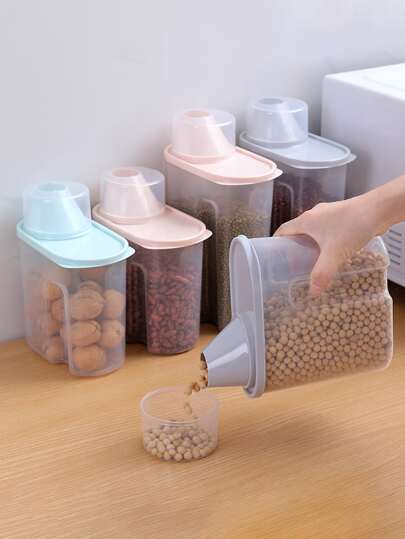 1入組小/大尺寸塑料密封食品儲存容器,並附量杯,廚房收納盒,防潮耐用,適合儲存糖果和冰箱,隨機顏色