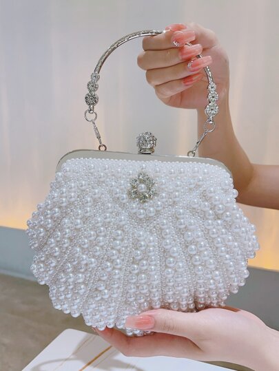 Glitter Bling,Shiny Glamorous,Elegant,Exquisite Mini Faux Pearl & Rhinestone Decor Evening Clutch Bag For Parties Dinner Bag,Evening Bag For Party Girl,Woman,For Female Perfect For Party,Wedding,Prom,Dinner/Banquet,For Best Gift For Women, Elegant Pearl Clutch, Prom Bag