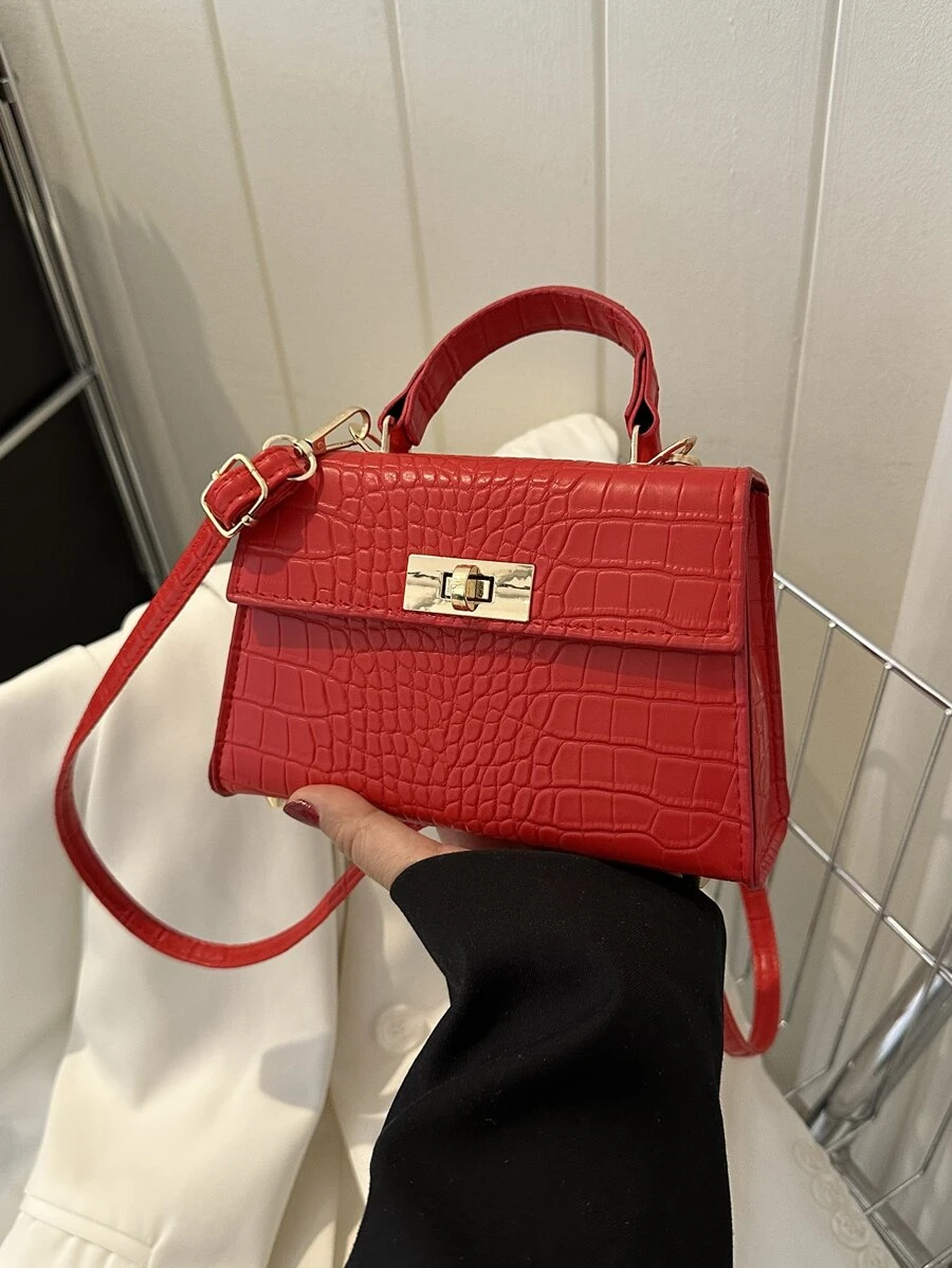 Mini Fashionable Crocodile Pattern Pu Flap Handbag, Versatile Crossbody Bag - Burgundy - View 1