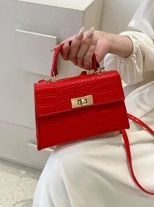 Mini Fashionable Crocodile Pattern Pu Flap Handbag, Versatile Crossbody Bag - Burgundy - View 4