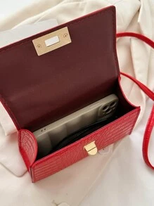 Mini Fashionable Crocodile Pattern Pu Flap Handbag, Versatile Crossbody Bag - Burgundy - View 7