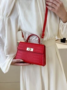 Mini Fashionable Crocodile Pattern Pu Flap Handbag, Versatile Crossbody Bag - Burgundy - View 2