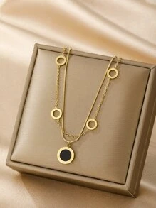 1pc Fashionable Double Layer Gold-Tone Chain Necklace With Roman Numeral Pendant, Simple & (OPP Bag Packaging) - Yellow Gold - View 4