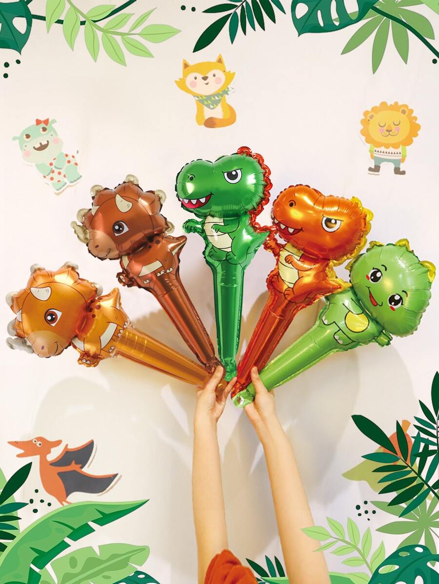 5pcs Dinosaur Hand-Held Balloons, Dinosaur Balloons Dinosaur Party Supplies, Dinosaur Foil Balloons Aluminum Polyester Film Jungle Balloons For Birthday, Wedding, Graduation Party, Jungle Theme Party Back To School Valentine Day
