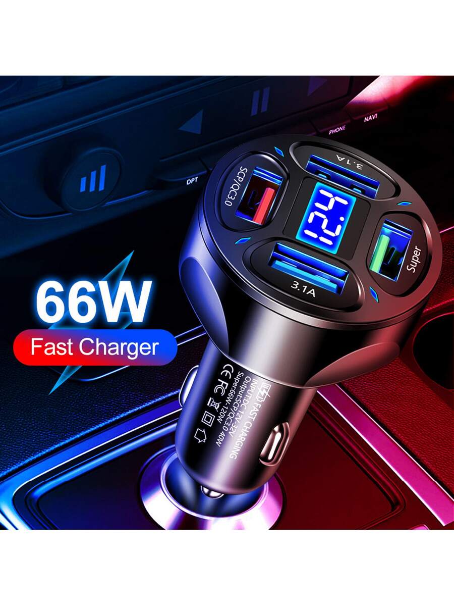 4 USB Port 120W Max Super Fast Car Charger Compatible With iPhone Samsung Android Cell Phone - Black - View 1